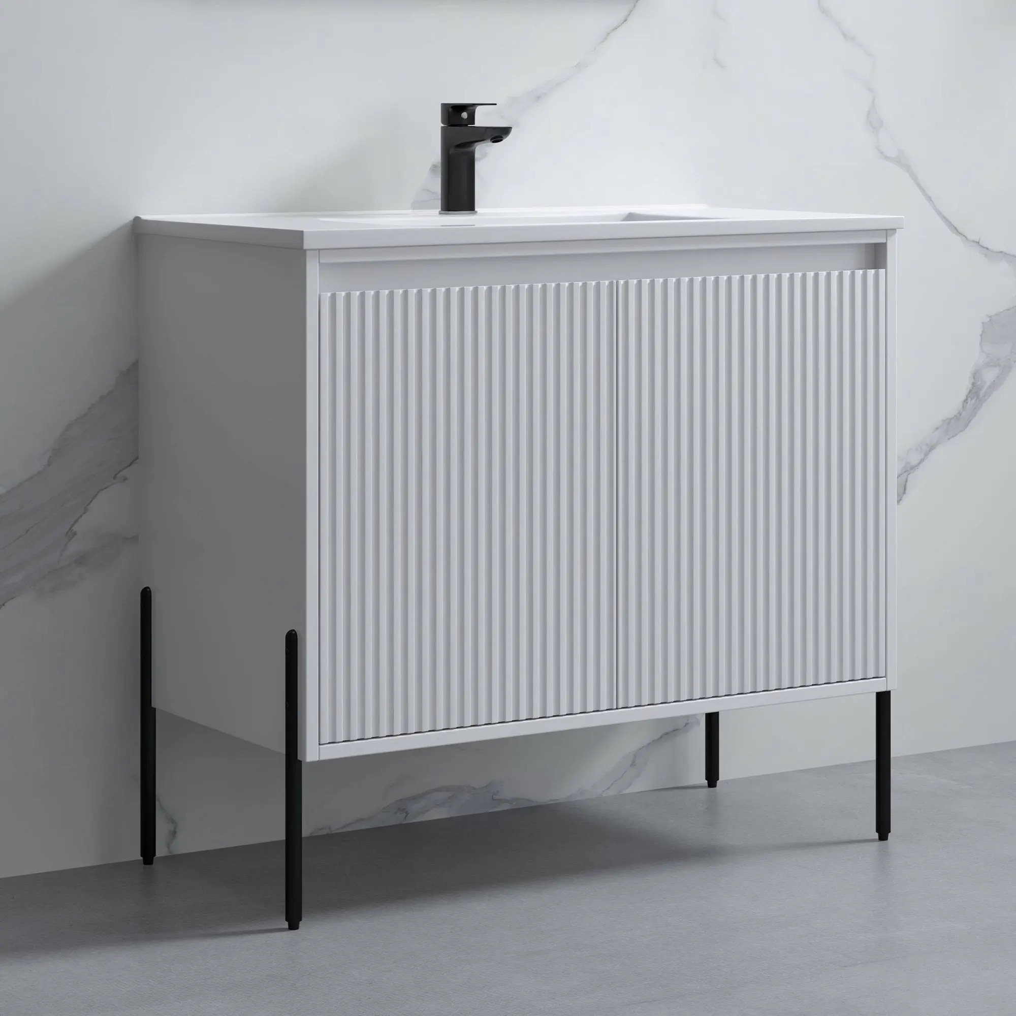 Dowell 36“ Fluted Bathroom Vanity Set – Assembled Cabinet Base with 2 Soft-Close Doors, Shelves & Ceramic/Resin Single Basin, Black/Golden Legs- 002 36 Series