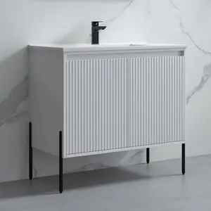 Dowell 36“ Fluted Bathroom Vanity Set – Assembled Cabinet Base with 2 Soft-Close Doors, Shelves & Ceramic/Resin Single Basin, Black/Golden Legs- 002 36 Series