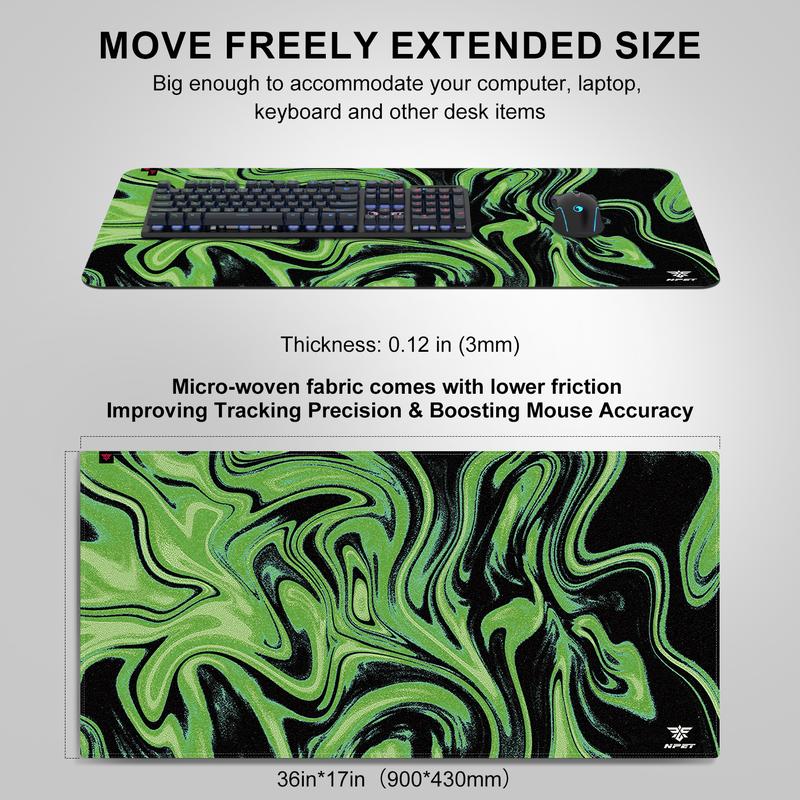 NPET N110 XXL Gaming Desk Mat 35x17 inch Non-Slip Stitched Edge for Office Home Mouse Mover Pad Desktop Accessory with Green Swirl Design