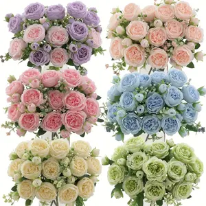 4-piece  peony bouquet -  blooming peonies with green leaves, suitable for weddings, Mother's Day, Valentine's Day, spring decoration - indoor and outdoor plastic flowers, without vase Artificial