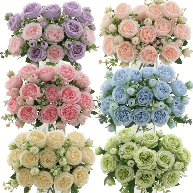4-piece  peony bouquet -  blooming peonies with green leaves, suitable for weddings, Mother's Day, Valentine's Day, spring decoration - indoor and outdoor plastic flowers, without vase Artificial