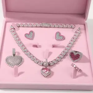 Glaceelaine Women's Iced Out Cubic Zirconia Pink Silver Heart Series Jewelry Set - Necklace/Earrings/Ring