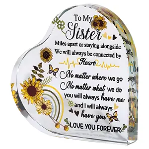 Heart Shaped Acrylic Ornament, Flower Pattern Acrylic Heart Shaped Plaque, Gift for Sister, Home Decor, Desktop Ornament, Gift for Sister, Signs, Personalized Plaque