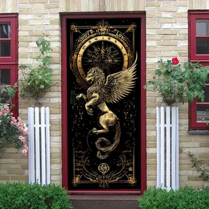 2pcs Golden Griffin Totem Wall Sticker Mysterious Retro Magic Array Decorative Decal Creative Art Mural for Living Room Bedroom Removable Self Adhesive Wallpaper Home Decor