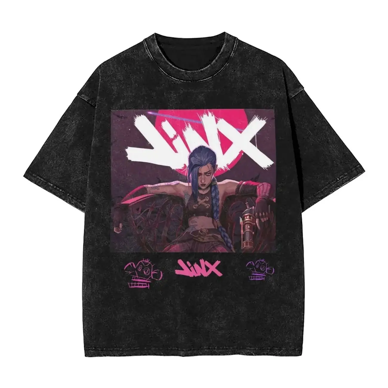 Men's Vintage Jinx Arcane Distressed Washed Cotton Casual T-Shirt - Menswear, Festive Valentine Heart & Soul Print, Oversized Round Neck Shortsleeve Streetwear Top, for Street Style, Beach Wear 39U