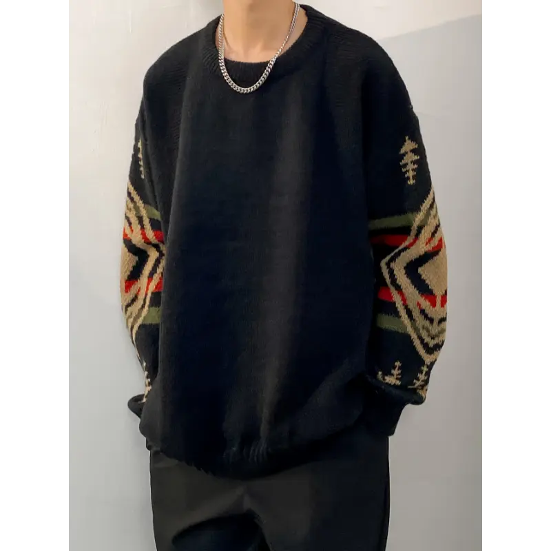 1pc Men'S Vintage Ethnic Style Thick Knit Sweater, Casual Crew Neck Color Block Geometric Pattern, Regular Fit Loose Sweatshirt for Fall/Winter, Medium Stretch Knit Fabric