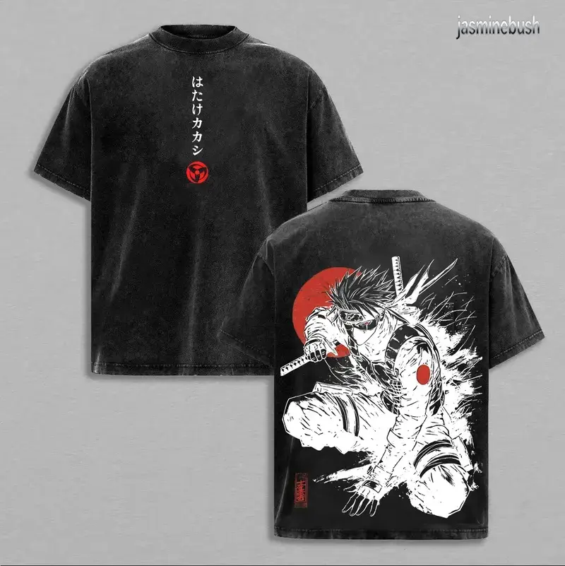 Kakashi Hatake T-Shirt, Naruto Anime Vintage Washed Tee, Sharingan Ninja Graphic Shirt, Oversized Japanese Streetwear, Dark Aesthetic Manga Top, Unisex Casual Anime Fashion