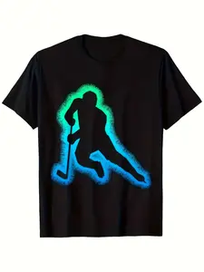' Neon Glow Hockey Player Graphic T-Shirt - Soft Breathable Loose Fit Unisex & 5-14 Years |   Neon Green & Blue Sports Apparel for Ice Skating, Roller Hockey & Casual Summer Wear |   Machine Washable Youth Hockey Fan Outfit