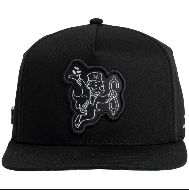 Monopoly Brand Black Snapback Hat with Monopoly Man Logo and White Embroidery