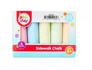 Play Day Washable Sidewalk Chalk 20 Pieces Assorted Colors for Kids Ages 4+ 6 Vibrant Colors Packaged for Fun Outdoor Art