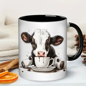 11oz Cute Cow Coffee Mug - Black & White Cow Spot Ceramic Cup with Brown Calf Design, Farmhouse Kitchenware Gift for Dairy Lovers, Farmers, & Adults, Birthday/Christmas Present, Durable Cow Drinking Coffee Cup (No Assembly)