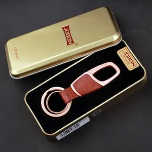 JOBON Men's High-End Leather Surface Metal Double Ring Keychains for Car Motorcycle in Gift Box Elegant Durable Keyfob for Festival Business Gifts