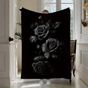 Black Rose Theme Printed Fleece Blanket - Soft and Warm, Suitable for Sofa, Bed, and Camping, Machine Washable, All-Season Use, Ideal Gift for Home and Travel