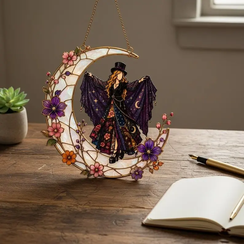 Stevie Nicks Inspired Witchy Celestial Moon Suncatcher - Boho Stained Glass Style Acrylic Wall Hanging Decor - Perfect Gift for Fleetwood Mac Fans, Music Lovers, and Bohemian Home Aesthetics