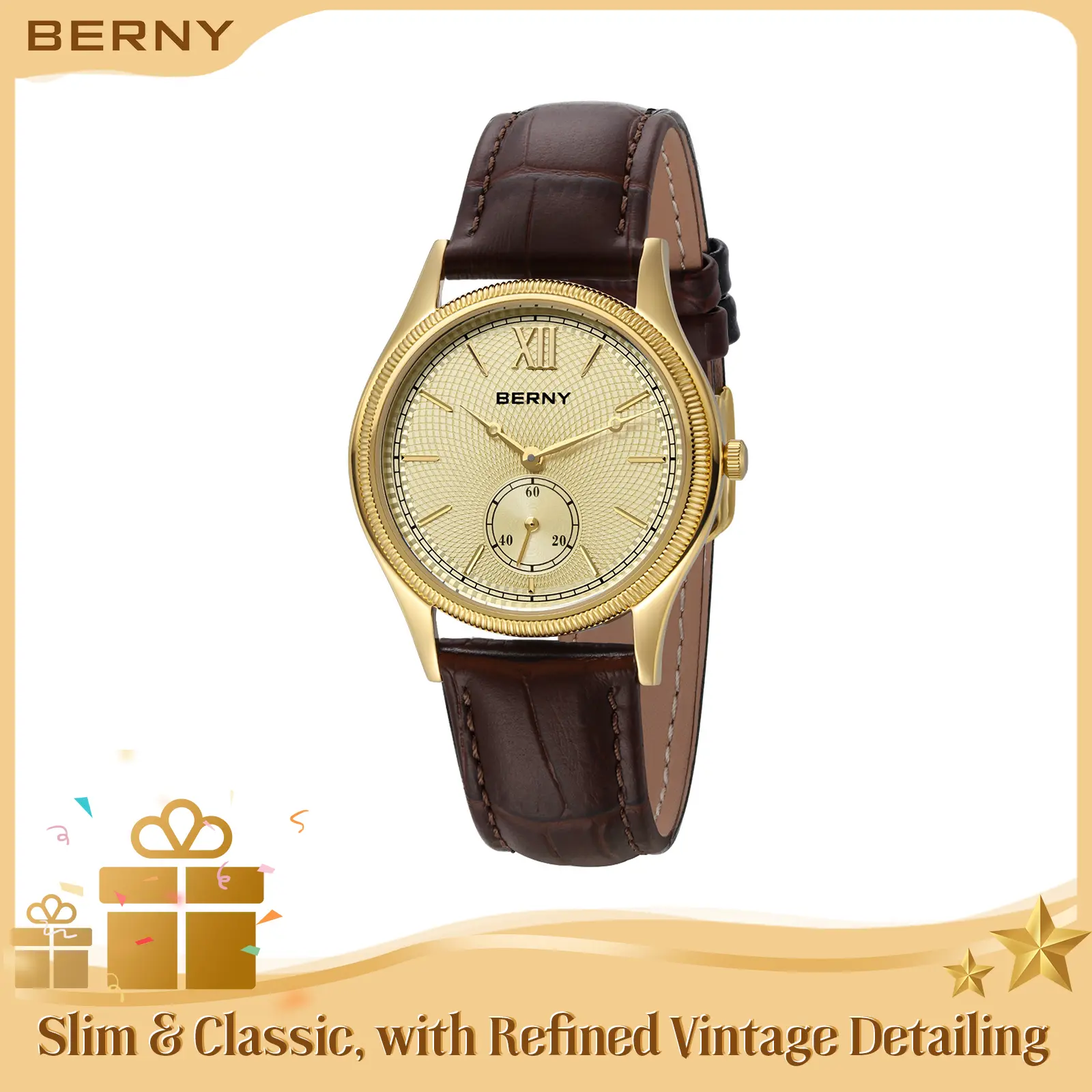 BERNY Gold Watches for Women Vintage Round Dial Famale Wristwatch Analog Quartz Watch Daily 30M Water Resistant Stainless Steel Genuine Leather Strap Classic Retro Business Dress Watch Couple Gift for Birthday, Reloj de Mujer, Fashion Summer Accessories