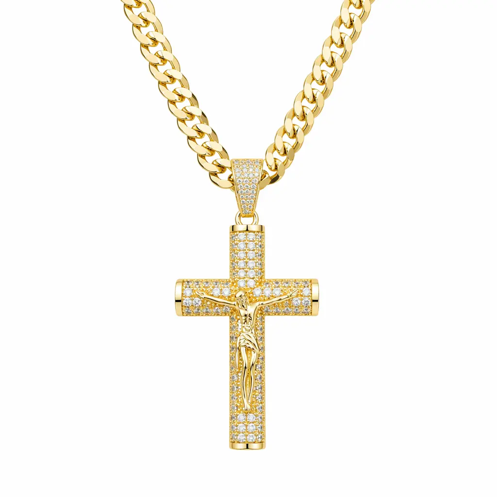14K Cross Necklace with Jesus - Crucifix Pendant Gold-Plated 24” Long for Men   Diamond Hip Hop Necklace Cuban Figaro Rope Miami Chains Jewelry Gift