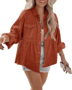 Womens Corduroy Peplum Shacket Jacket Long Sleeve Button Down Babydoll Shirts Oversized Casual Blouses Tops