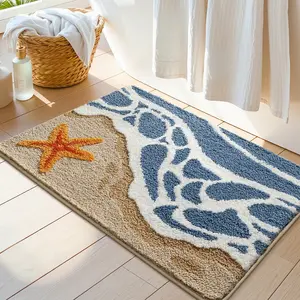 1pc ocean vacation style bathroom mat, fun and casual home mat with sea waves and starfish pattern, absorbent and non slip, machine washable and easy to clean, suitable for bathroom, balcony, bedroom, seaside style home decoration
