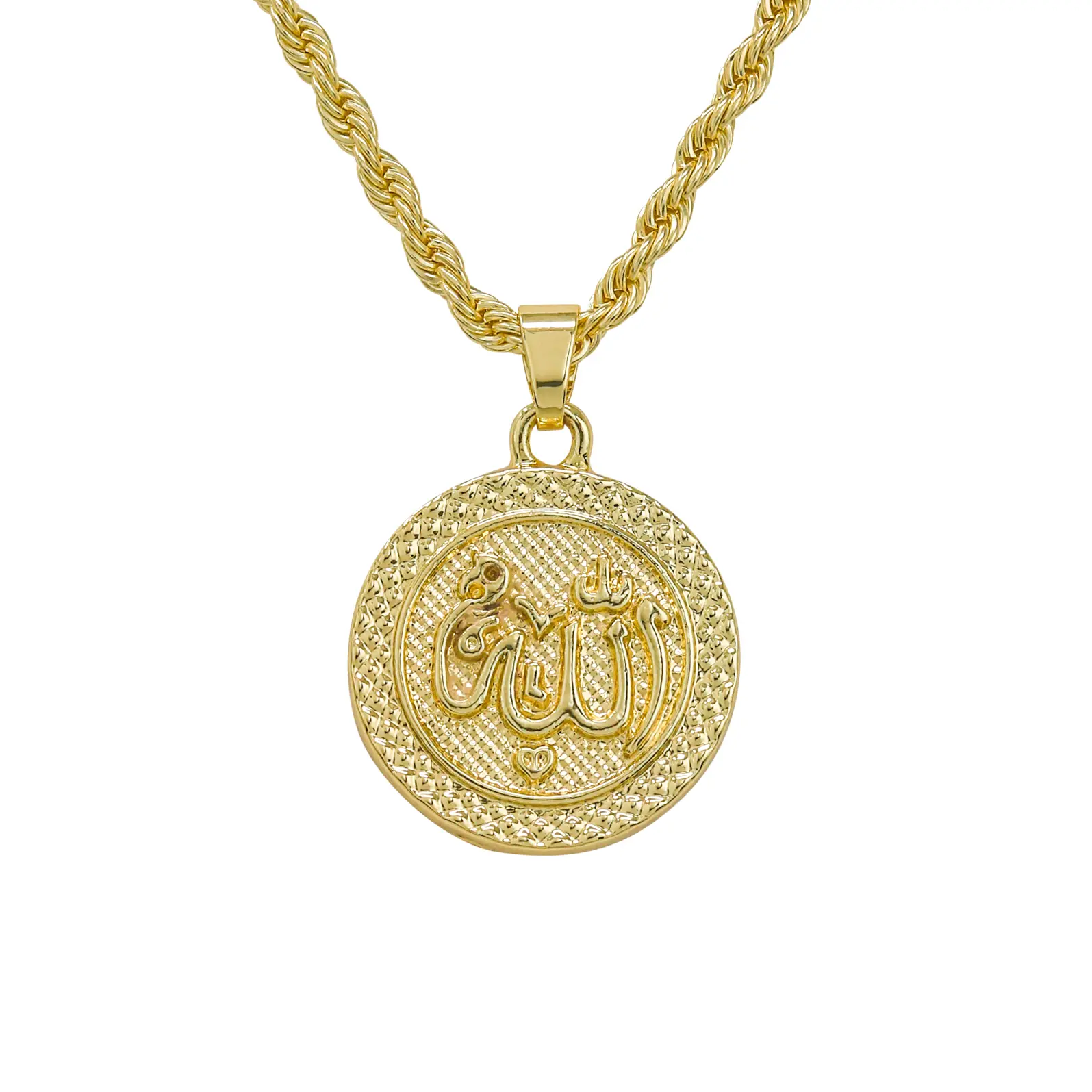 30mm Allah Medallion Pendant with Rope Chain – 5mm Chain, Gold / Silver Tone – Alloy with Coated Finish
