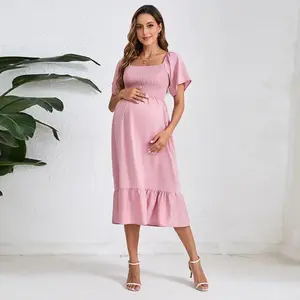 Women's Solid Color Chiffon Wrap Maternity Dress Short Sleeve Chiffon Dress