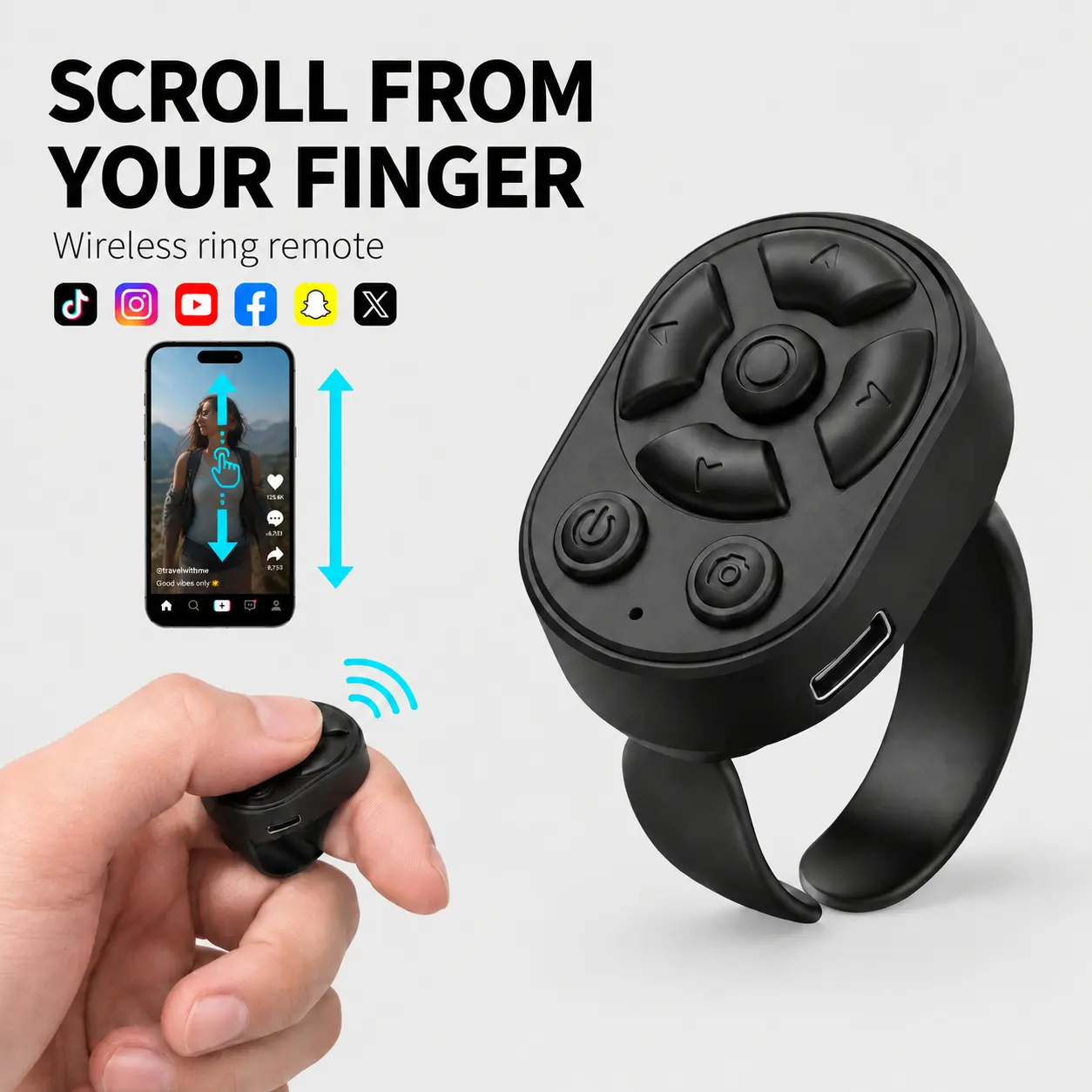 Quriov Bluetooth Scrolling Ring Remote with USB-C Charging for Mobile Phones, Wireless Page Turner and Camera Shutter for Videos, Music and Reading