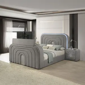 Acme BD05652Q Shelyn grey teddy bear sherpa fabric upholstered queen bed set LED , Fireplace and TV Lift