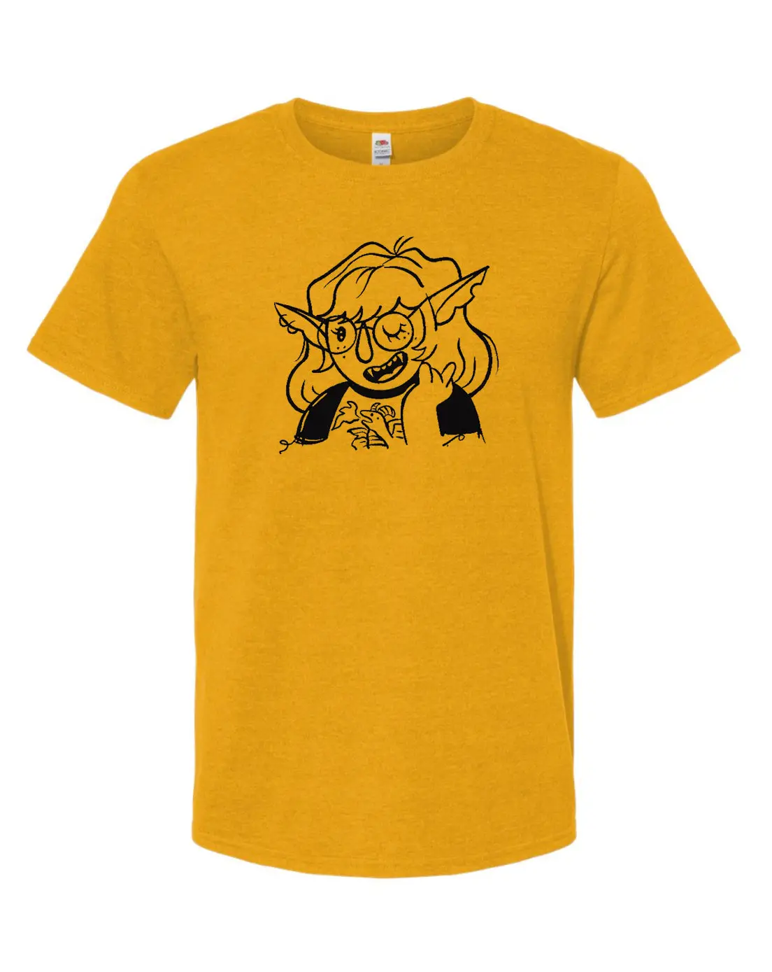 Orc girl on mustard unisex shirt. Printed in Long Beach, CA.