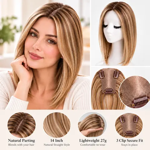 Women's EC Super Lightweight 27g Synthetic Hair Topper - 14in Free Parting, 7.5×11cm Hand-Knotted Breathable Lace Base, No-Glue No-Sew Casual Adults' Natural Straight Synthetic Extensions & Pieces, Grey Root Coverage, Thinning Hair Crown Volume