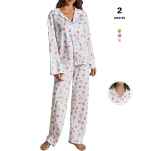 2026 women’s two-piece pajamas, long-sleeved floral and fruit print loungewear, wide-leg pants and top, casual all-season pajamas GARMENTARY