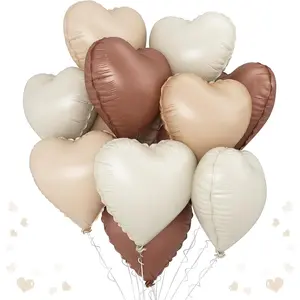 Cream Brown Heart Balloons, 12Pcs Brown Apricot Foil Balloons, Beige Coffee Foil Heart Shape Mylar Balloon 18 Inch Nude Neutral Helium Mylar Balloon for Boho Birthday Shower Wedding Valentine