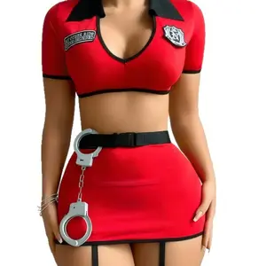 Sexy women's police costume, 3-piece set including top, short skirt, and belt, in red and navy blue. Suitable for bars, parties, and masquerade cosplay.Dress up toys toytok