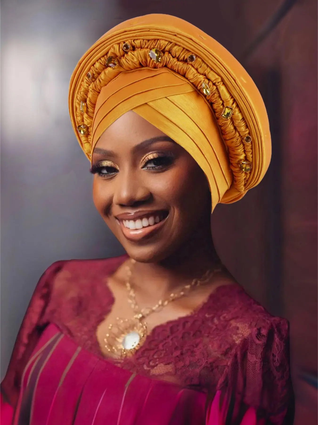 Adjustable African Style Headwrap Cap with Rhinestones, Multi-Layer Twisted Design, Fashion Accessory for Parties and Daily Wear, Turban Hijab
