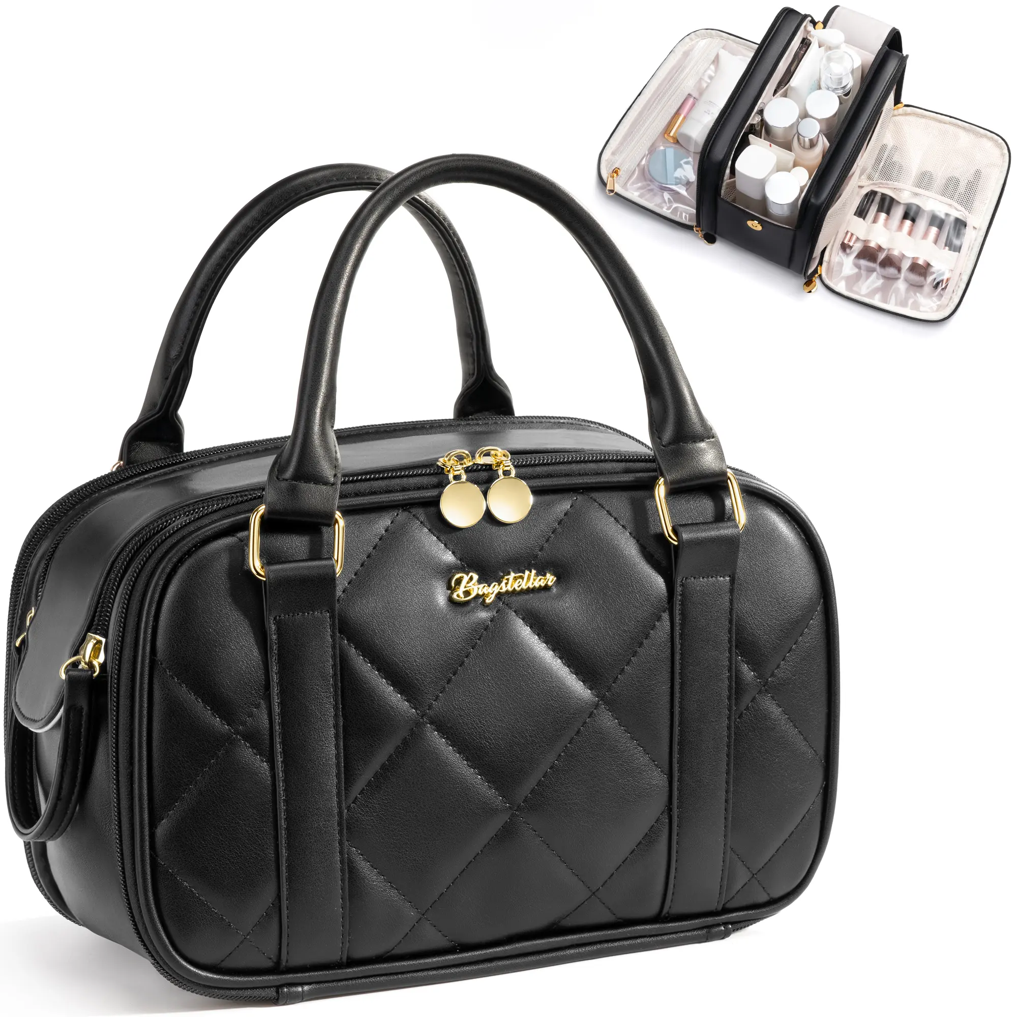 (LIVE ONLY)Bagstellar Wide-open  Makeup Bag, PU Leather Toiletry Bag for Women, Quilted Travel Bag Organizer Water-resistant Cosmetic Bag with Handle for Toiletries, Essentials, Accessories