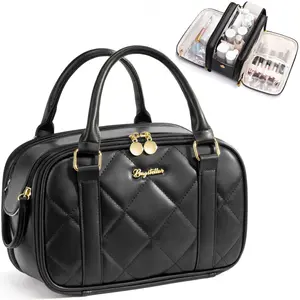 (LIVE ONLY)Bagstellar Wide-open  Makeup Bag, PU Leather Toiletry Bag for Women, Quilted Travel Bag Organizer Water-resistant Cosmetic Bag with Handle for Toiletries, Essentials, Accessories
