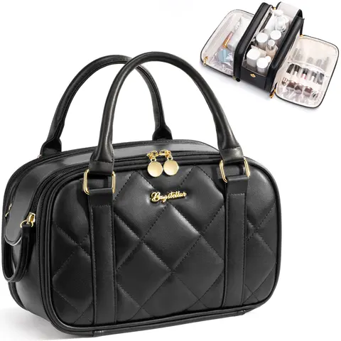 (Auction)Bagstellar Women's Wide-Open PU Leather Cosmetic Storage Bag - 3zone Dry/Wet/Brush, TPU Brush Guard, Upright Hold, Compartmental, Roomy, Water-Resistant Toiletry Pouch with Handle for Travel Essentials & Accessories (Wet Items Stay Put)
