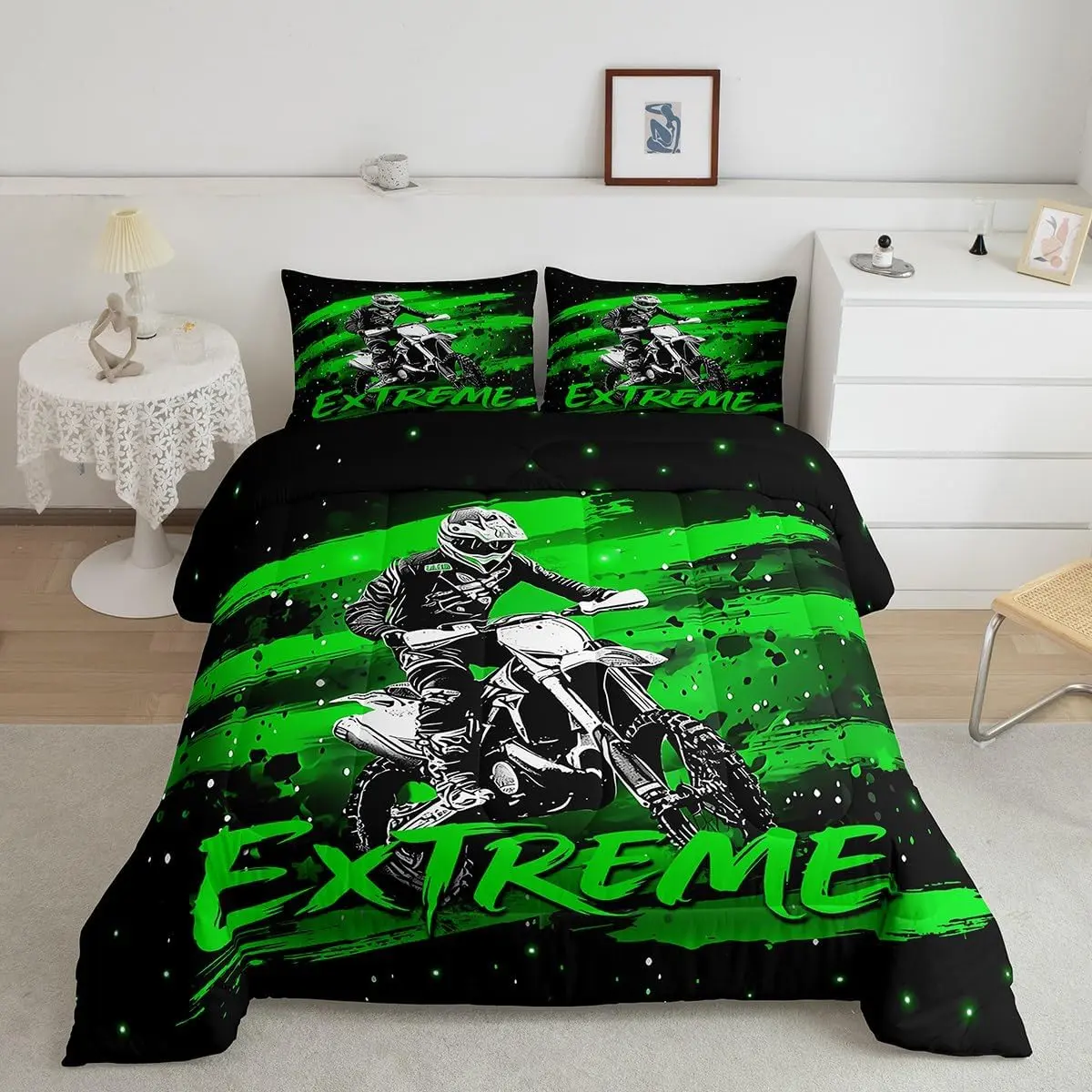 Dirt Bike Comforter Set Kids Extreme Sports Bedding Set for Boys Girls Teens Adults,Green Motorcycle Rider Duvet Quilt Breathable Soft Lightweight Room Decor