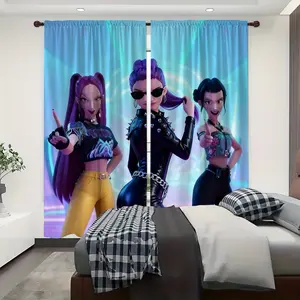 2pcs  cartoon figure KPOP Decor Curtain Rod Pocket Curtains Semi Blackout Curtains, Bedroom, Living Room, Window, Kitchen, Office, Home Decor, Home Decoration Curtain