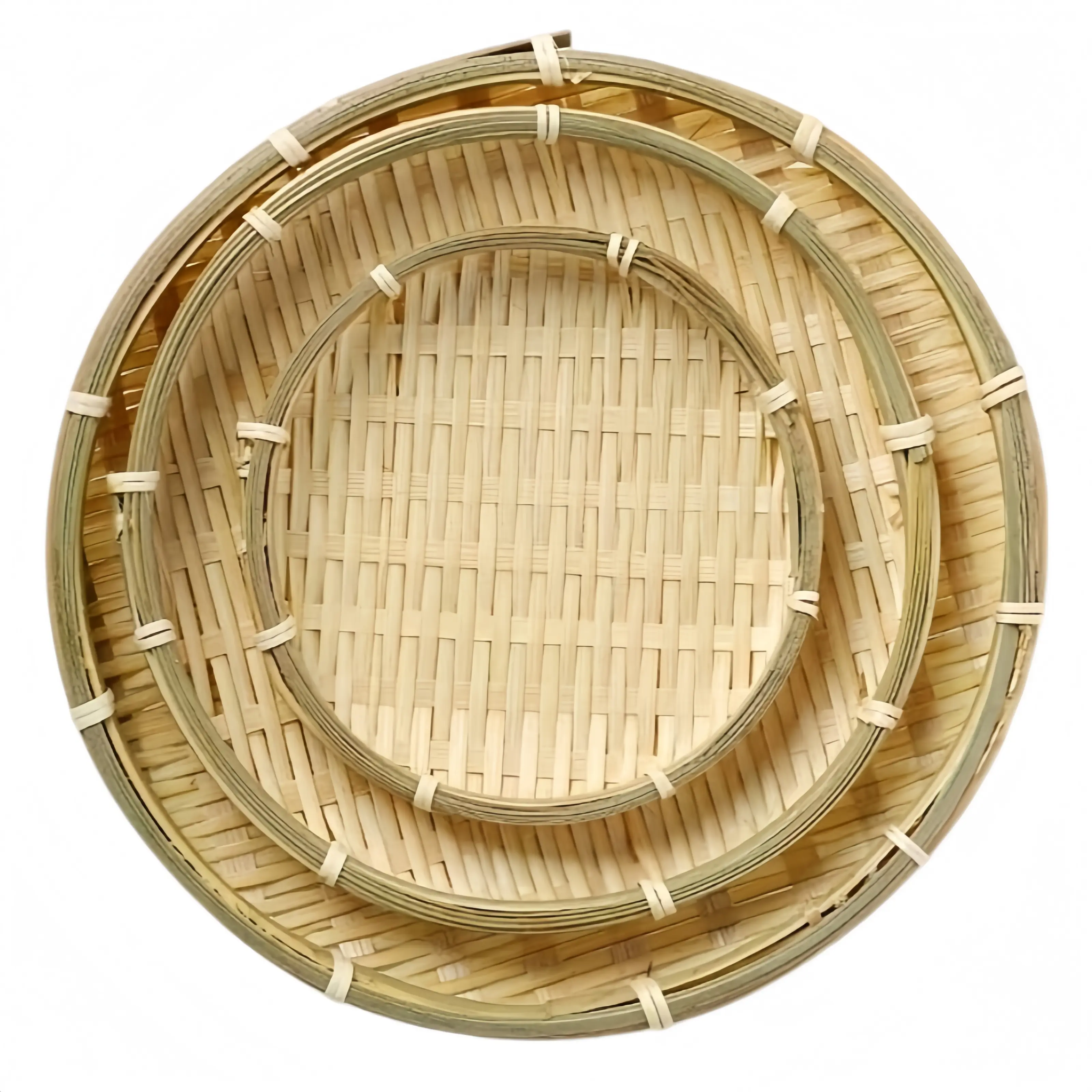Hand-Woven Natural Bamboo Trays Set of 3 Round Platters (13, 16, 22cm) Original Beige Rustic Stylish Fruit Serving, Drying & Storage Decor for Camp Kitchen Camping & Hiking