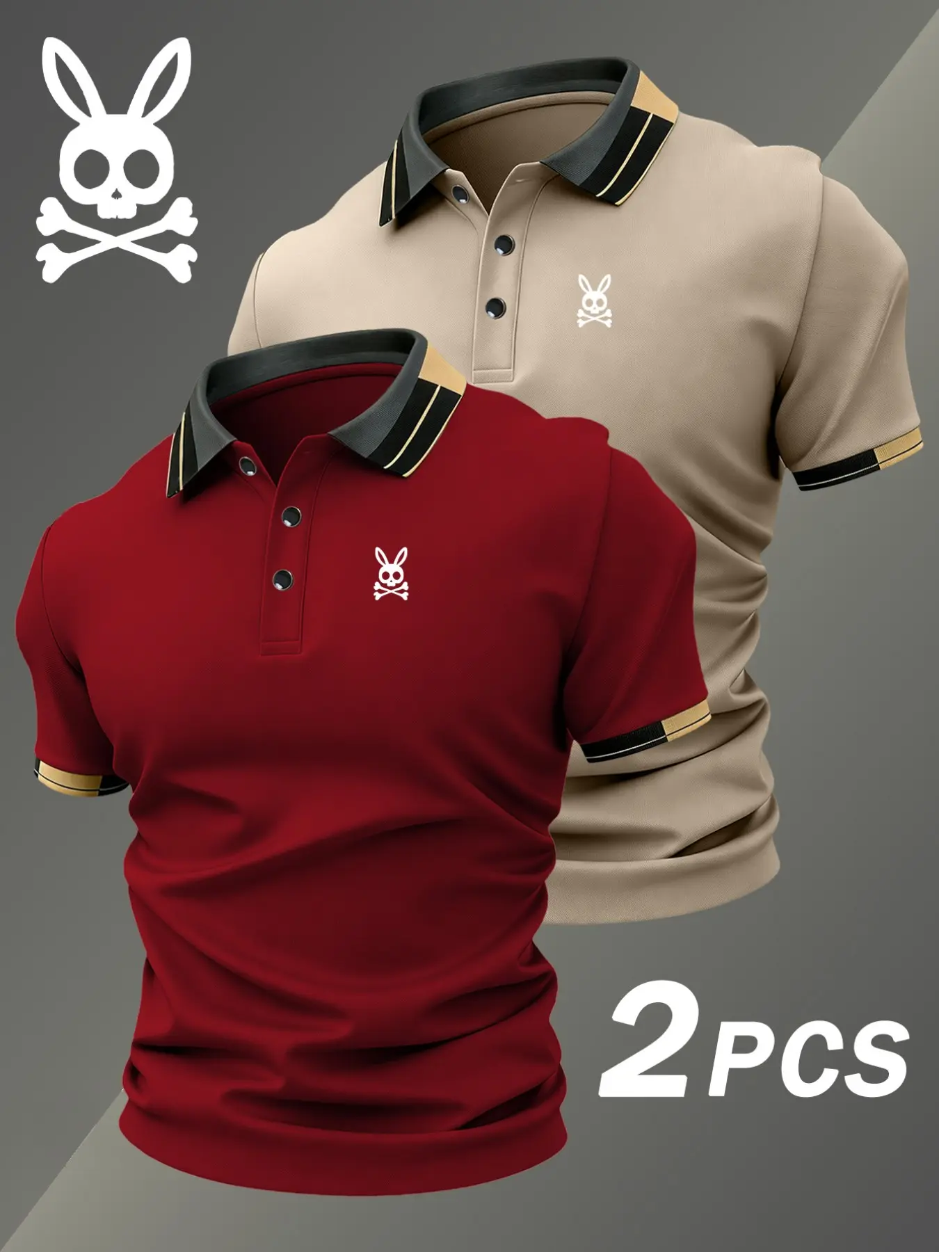 Two-Pack Hh4370 Skull Rabbit Print Men's Polo Shirts, Elastic Casual Breathable All-Season Comfortable Durable High-End Polo Tops