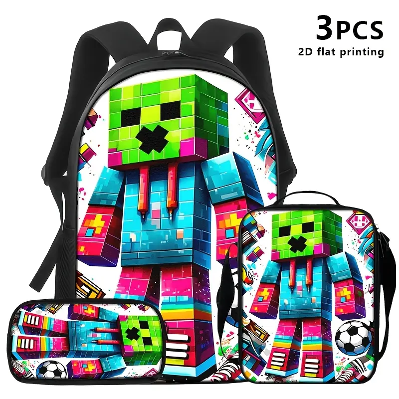 3-Piece Kids Backpack Set, Water Resistant Graffiti-Style Pixel Mob 600D Oxford Bag with Insulated Lunch Box for School Lunches, Pencil Case, Fits 15-inch Laptop, Top Handle, Back To School Haul, First Day Of School
