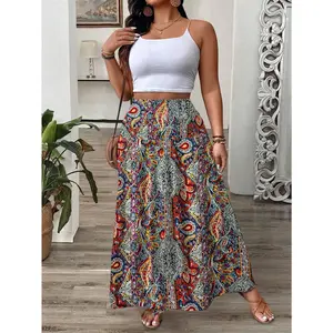 Plus Size Paisley Print Boho Maxi Skirts High Waist Smocked Ruffle Hem Summer Flowy A Line Skirt
