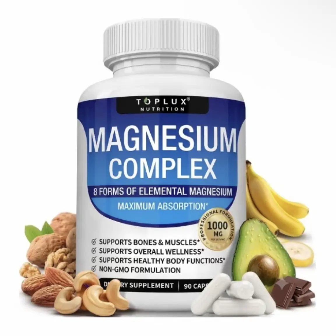 Magnesium Complex 1000mg Supplement – 8 Forms Including Glycinate, Citrate, Malate & Taurate for Muscle, Bone, Energy & Recovery Support, Vegan Non-GMO, 90 Capsules (2 pack)