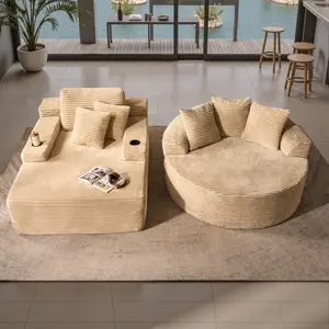 【2 Packages Shipping】67‘’ Boneless Chaise Lounge and 58'' Round Couch -Sofa Set with Flexible Configuration, Plush Corduroy Cloud Fabric,No Assembly Required, 2 Seater