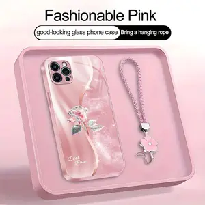 Suitable for [iPhone 12 Pro Max] high-end women's phone case🤩，a beautiful four-leaf clover lanyard is included🍀,high-quality crystal rose pattern with a sophisticated look, available in a variety of color YM99