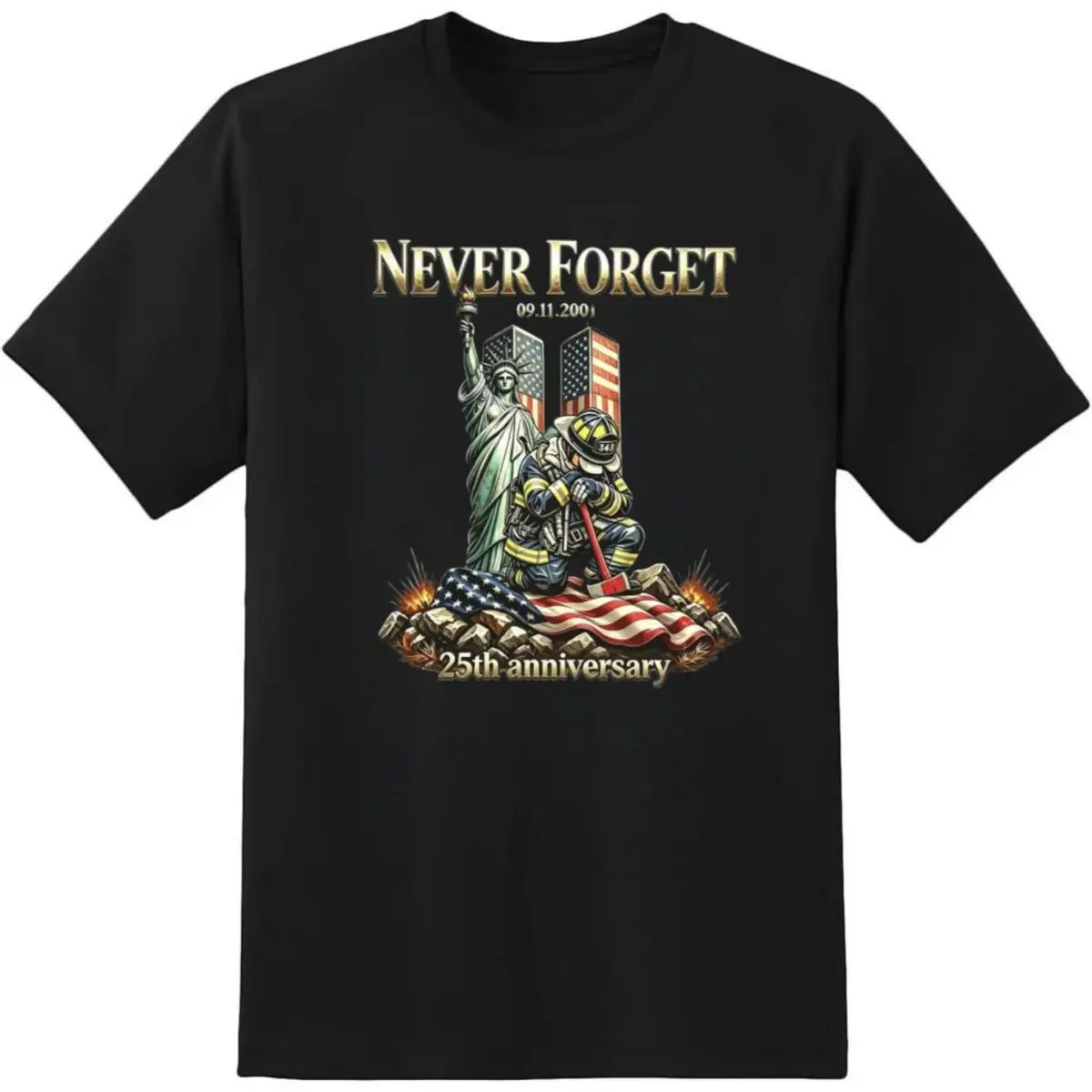 Tribute Shirt, Never Forget 343 Firefighters 9/11 Graphic Tee, Classic Shortsleeve Breathable Cotton With A Casual Relaxed Fit, Unisex Tee