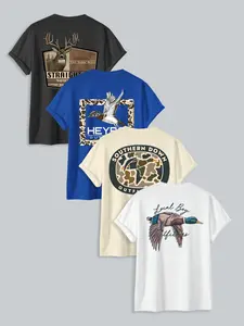 Men's Letter & Bird Print Round Neck Tee, Regular Fit Casual Short Sleeve T-shirt for Summer, Men's Top for Daily Wear, Tropical