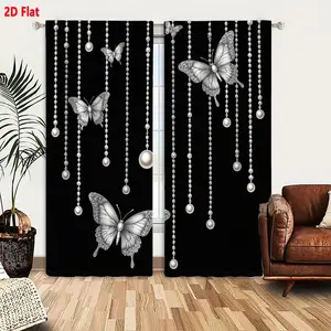 2D Flat Black Background Silver Beaded Chain Pearl Cascade Butterfly Curtain Set 2 Pieces, Elegant Opulent Silver Tone Ornate Butterfly & Beaded Curtains for Living Room Bedroom Decor