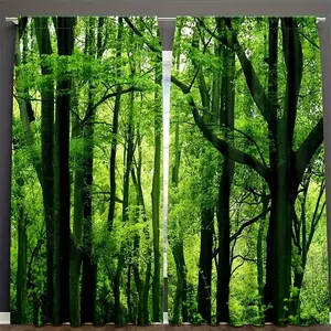 2Pcs /Sunlit forest, green trees, jungle branches, natural scenery print curtains,suitable for bedroom,living room kitchen decoration,home decoration,window decoration