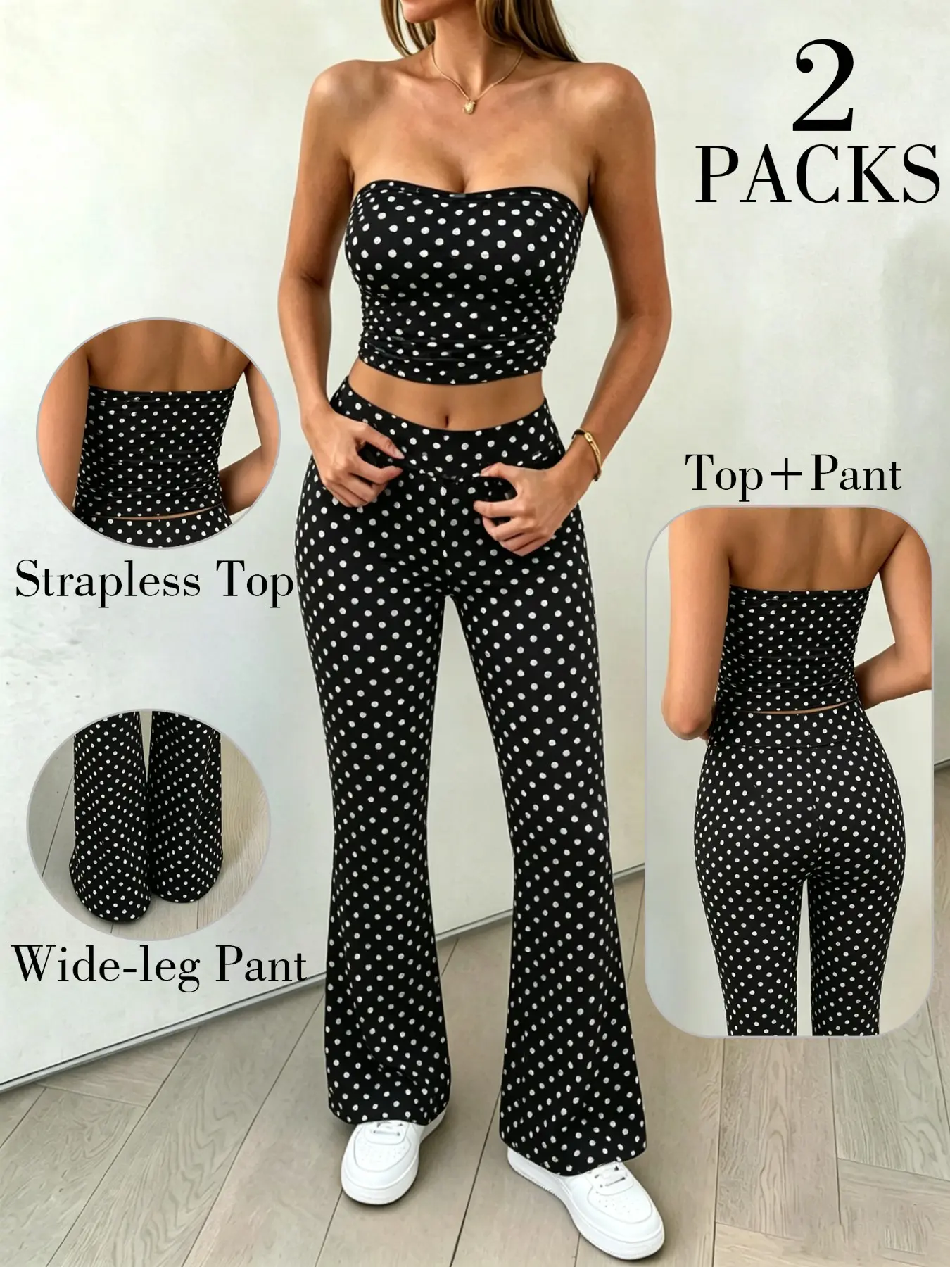 Women's Polka Dot Two-Piece Set, Summer Matching Set, Outfit Set, Strawberry Milkshake Color Strapless Ruched Crop Top + High-Waisted Wide-Leg Pants, Casual Slim Fit, Y2K Style