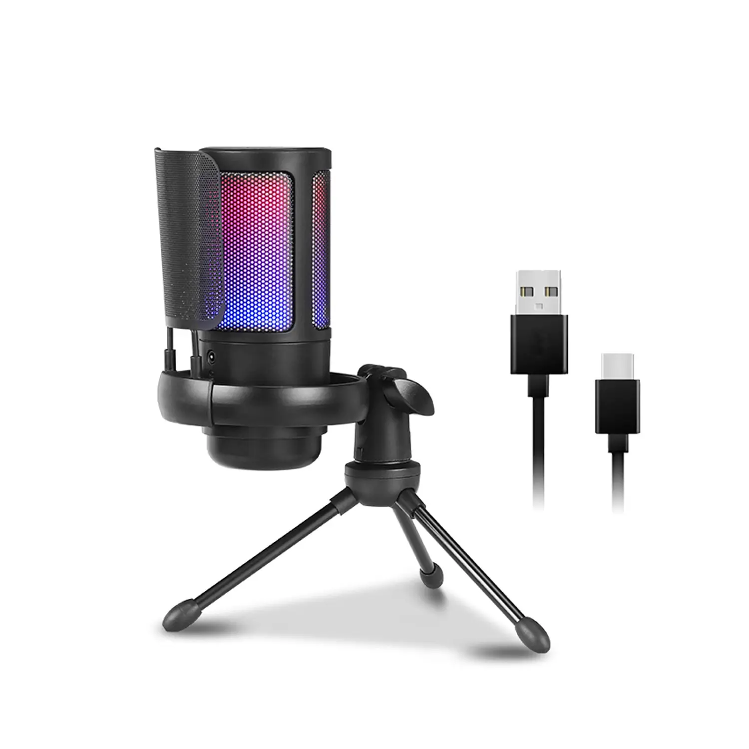 HITOZON Wired USB Condenser Microphone - RGB Mic Kit, Podcast Equipment Set with Anti-Vibration Shock Mount, Pore Filter, Tripod Stand, Gain Control, Touch Mute, Monitoring, Noise Cancellation for PC, Smartphone (Plug-and-Play, Manufacturer Warranty)